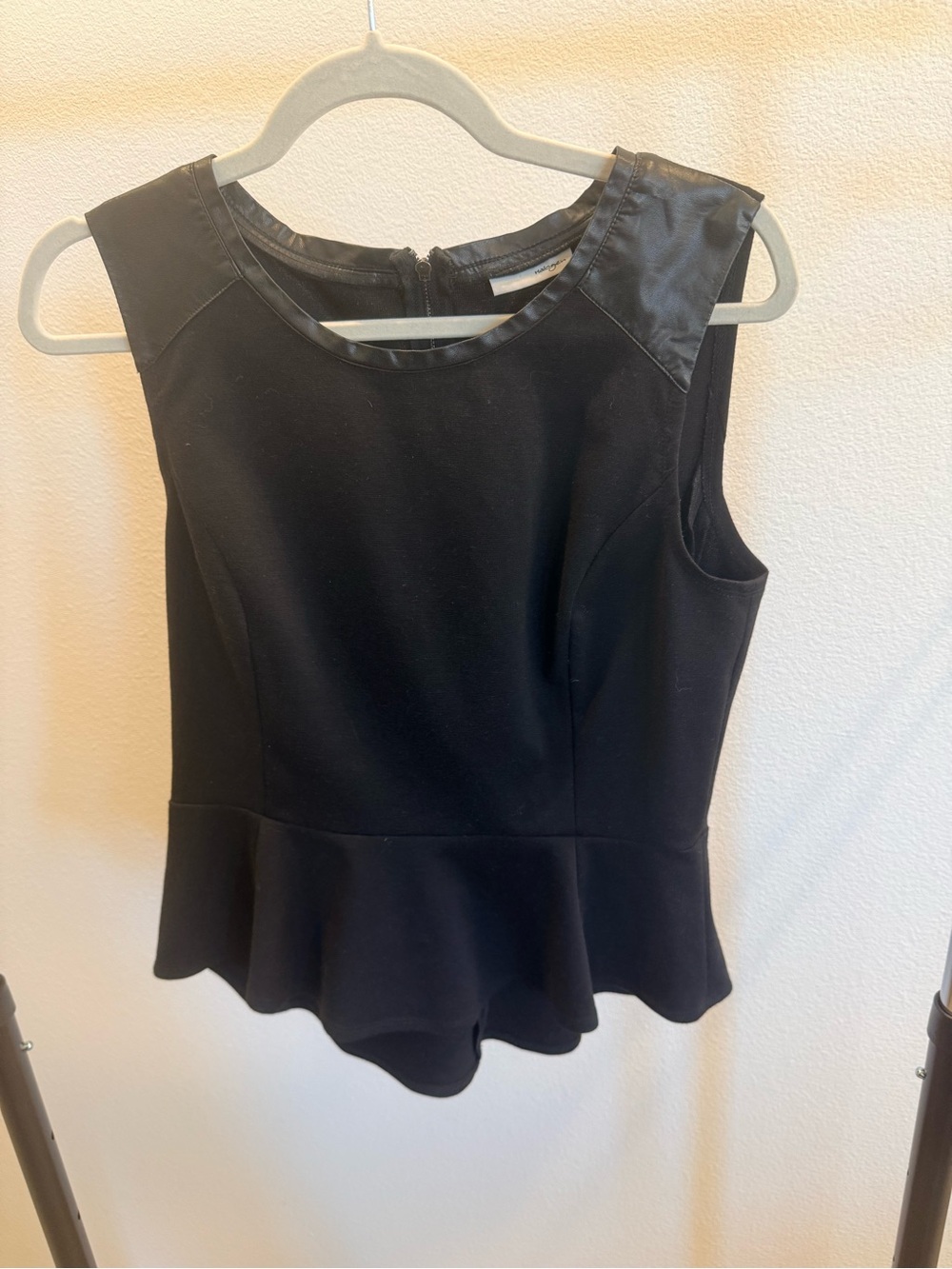 Halogen Black Sleeveless Peplum Top with Faux Leather Trim